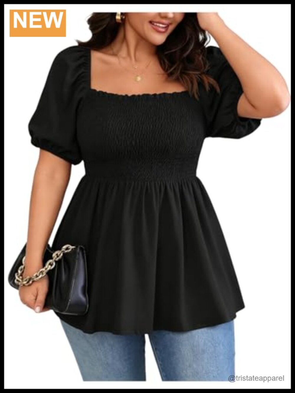 Plus Size Peplum Blouse Smocked Puff Sleeve Square Neck Ruffle Hem Top